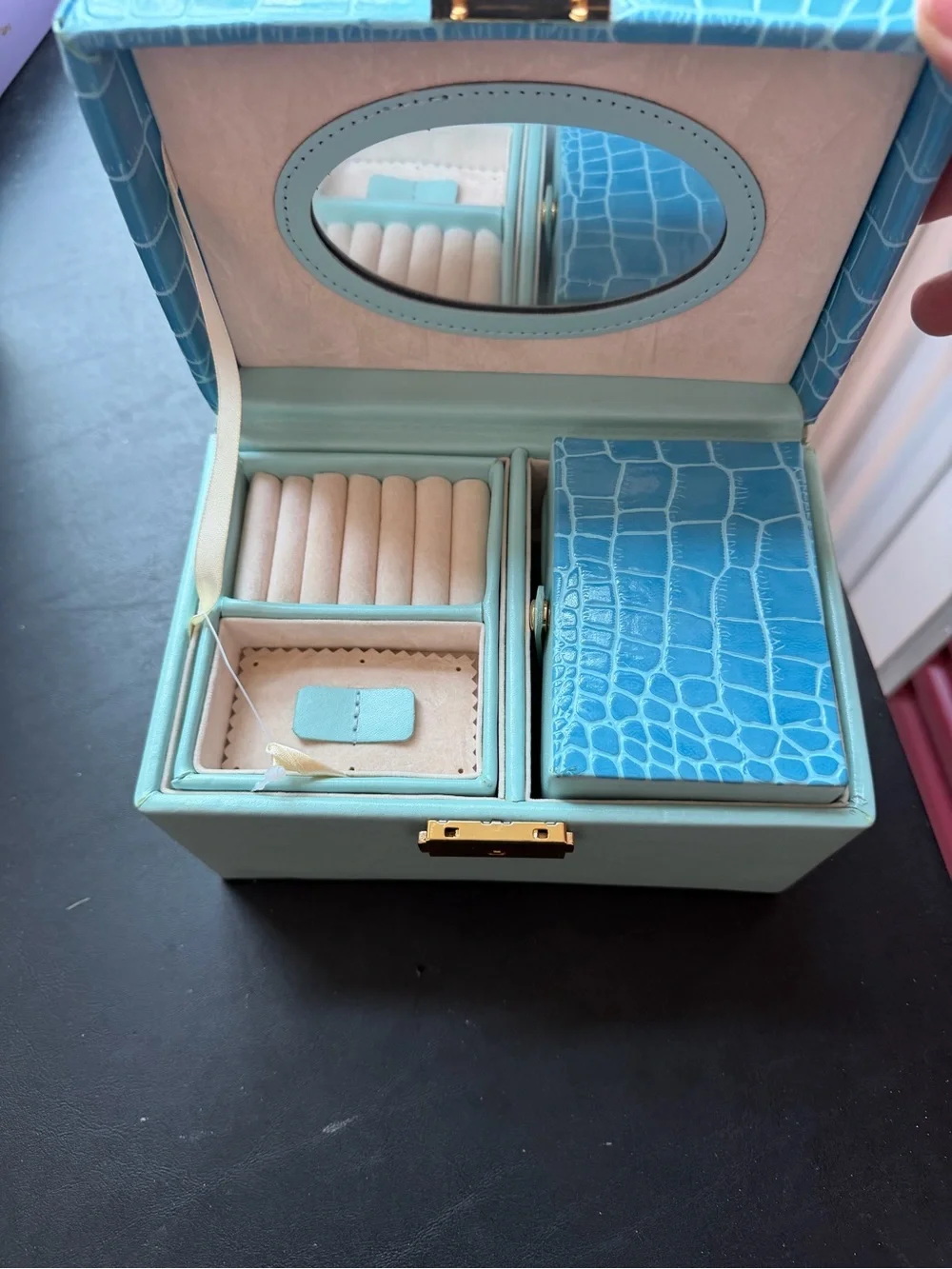 Blue Crocodile Embossed Jewelry Case Travel Box